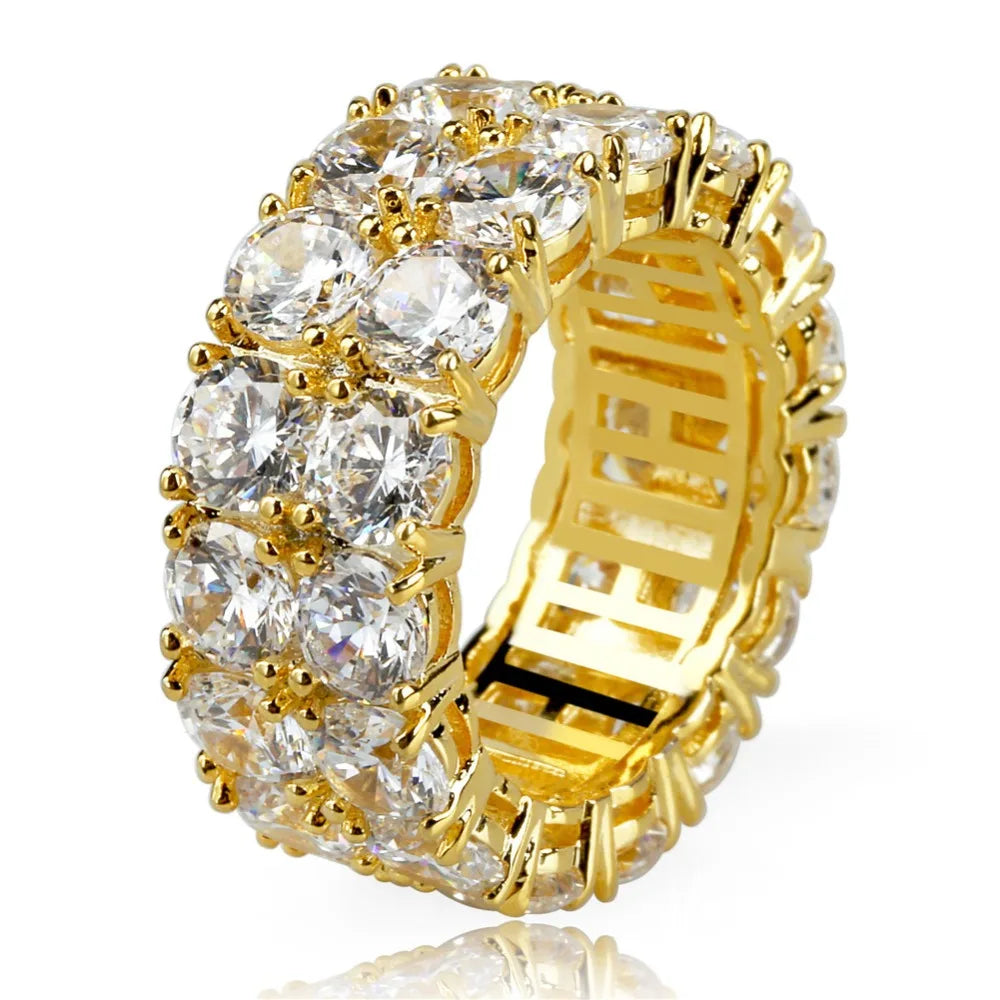 TOPGRILLZ Waterproof No Fading 2 Row CZ Solitaire Ring For Men/Women Iced Out Charm Round Rings Band Classic Hip Hop Jewelry
