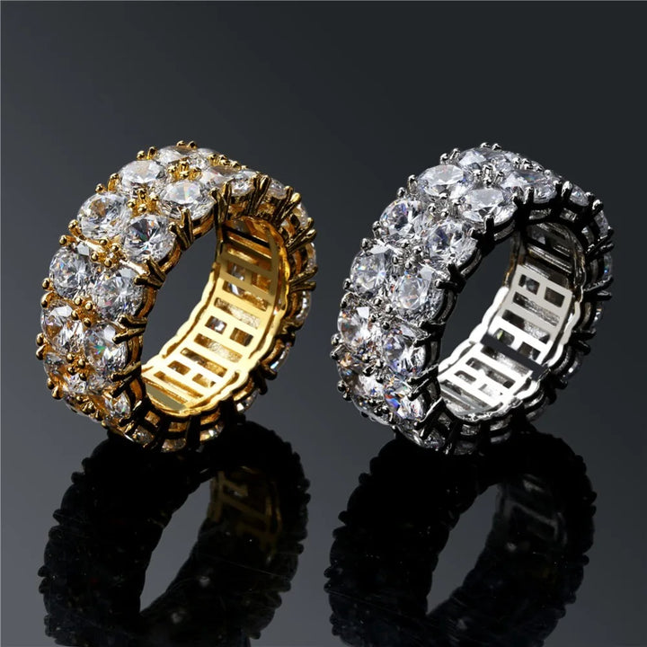 TOPGRILLZ Waterproof No Fading 2 Row CZ Solitaire Ring For Men/Women Iced Out Charm Round Rings Band Classic Hip Hop Jewelry