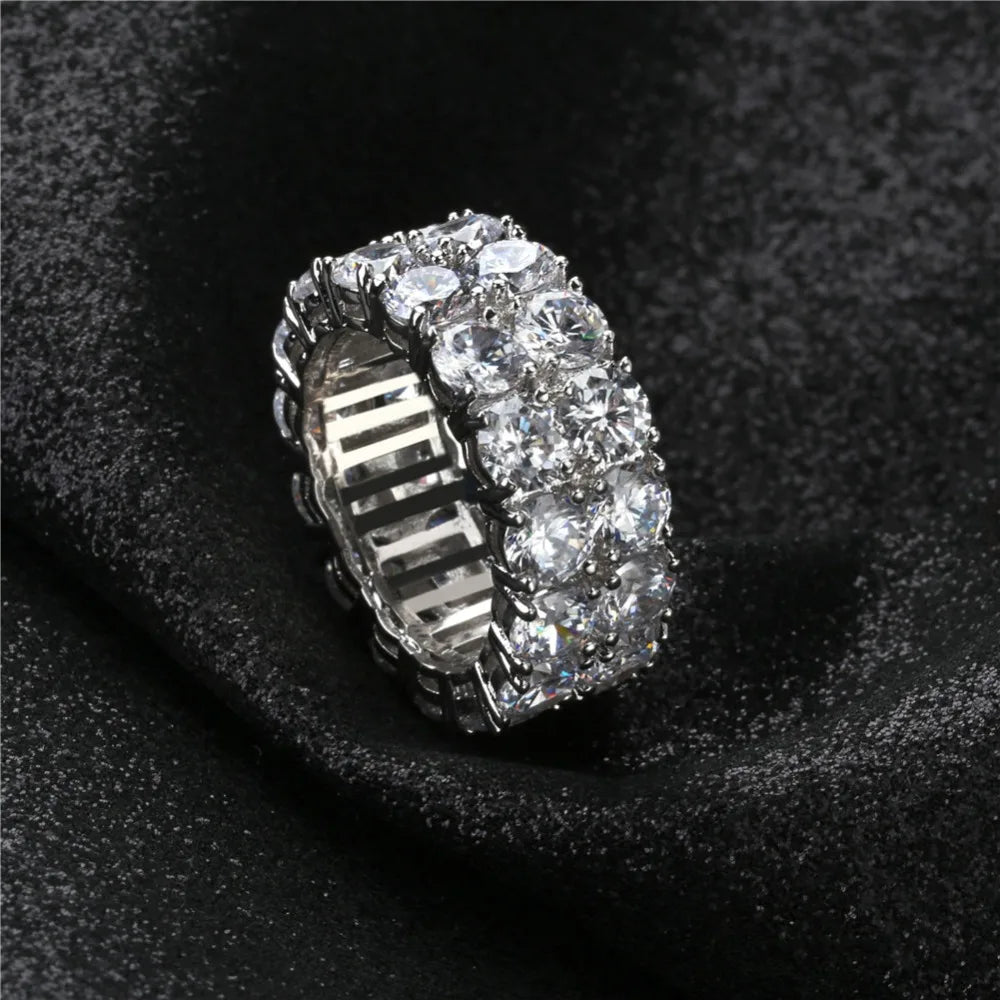 TOPGRILLZ Waterproof No Fading 2 Row CZ Solitaire Ring For Men/Women Iced Out Charm Round Rings Band Classic Hip Hop Jewelry