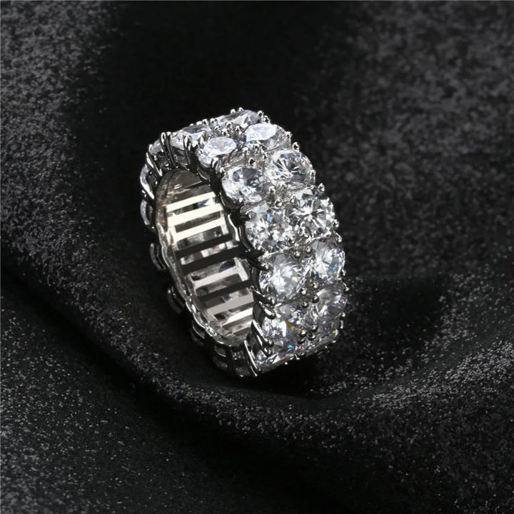 TOPGRILLZ Waterproof No Fading 2 Row CZ Solitaire Ring For Men/Women Iced Out Charm Round Rings Band Classic Hip Hop Jewelry