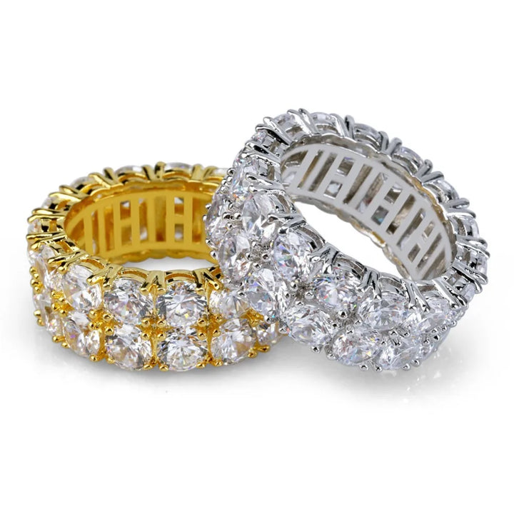 TOPGRILLZ Waterproof No Fading 2 Row CZ Solitaire Ring For Men/Women Iced Out Charm Round Rings Band Classic Hip Hop Jewelry
