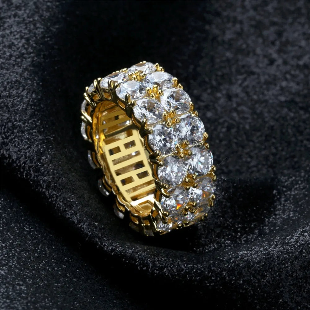 TOPGRILLZ Waterproof No Fading 2 Row CZ Solitaire Ring For Men/Women Iced Out Charm Round Rings Band Classic Hip Hop Jewelry
