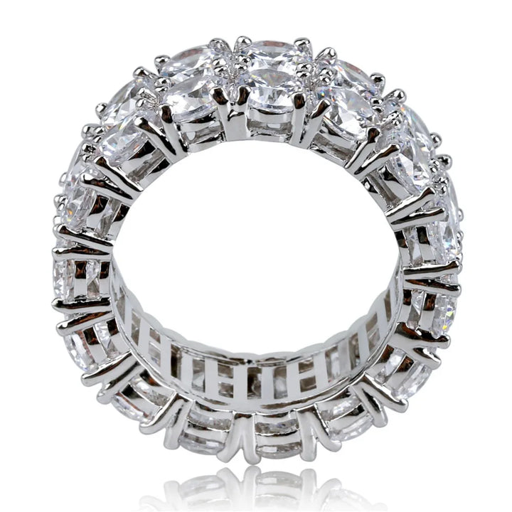 TOPGRILLZ Waterproof No Fading 2 Row CZ Solitaire Ring For Men/Women Iced Out Charm Round Rings Band Classic Hip Hop Jewelry