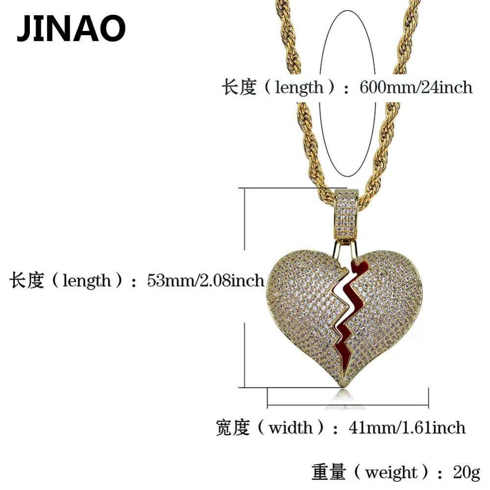 JINAO Fashion Broken Heart Iced Out Chain Pendant Necklace Statement Gold Color Cubic Zircon Necklace Hip Hop Men's Jewelry Gift