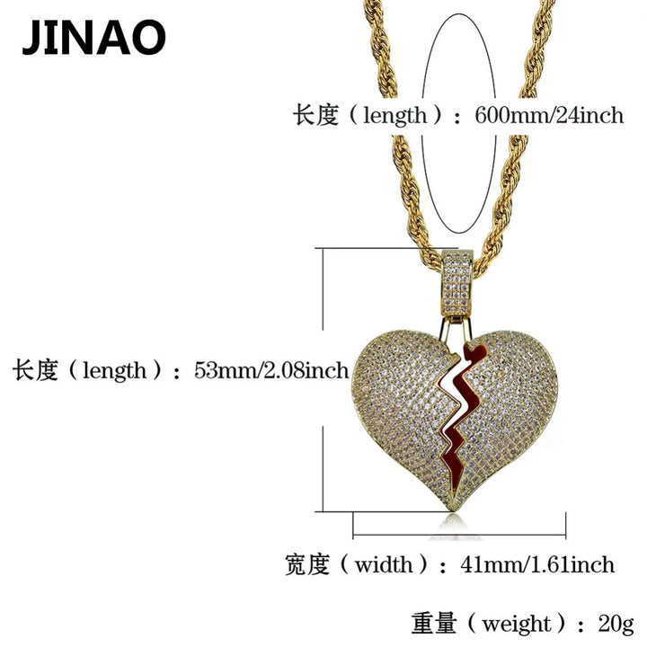 JINAO Fashion Broken Heart Iced Out Chain Pendant Necklace Statement Gold Color Cubic Zircon Necklace Hip Hop Men's Jewelry Gift