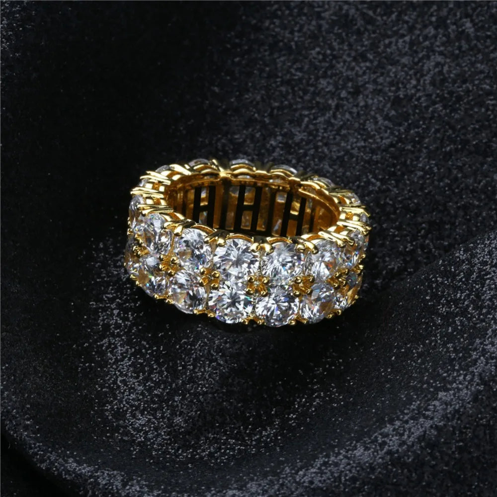 TOPGRILLZ Waterproof No Fading 2 Row CZ Solitaire Ring For Men/Women Iced Out Charm Round Rings Band Classic Hip Hop Jewelry