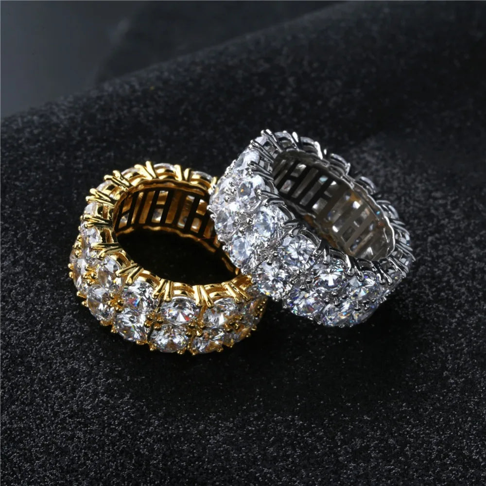 TOPGRILLZ Waterproof No Fading 2 Row CZ Solitaire Ring For Men/Women Iced Out Charm Round Rings Band Classic Hip Hop Jewelry