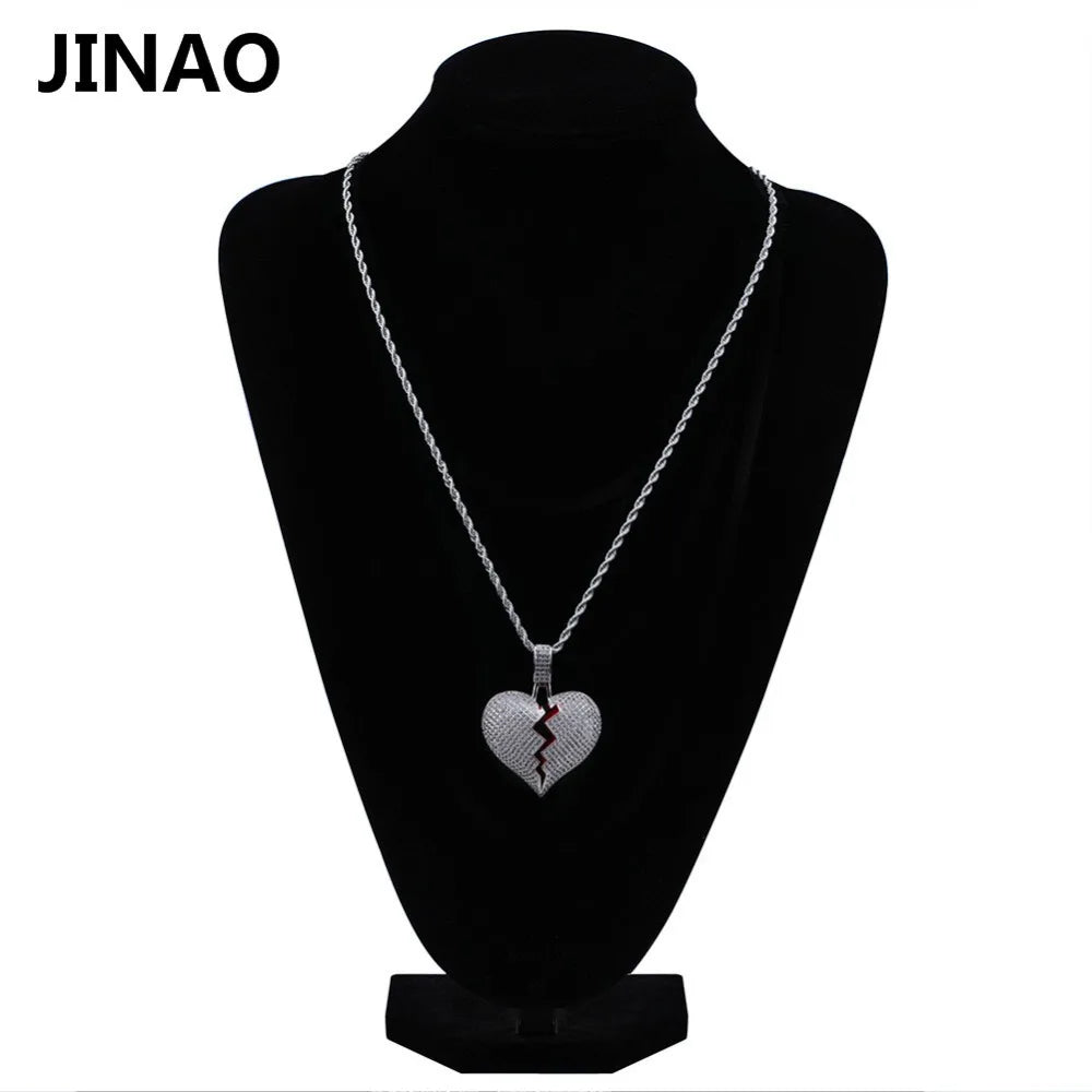 JINAO Fashion Broken Heart Iced Out Chain Pendant Necklace Statement Gold Color Cubic Zircon Necklace Hip Hop Men's Jewelry Gift