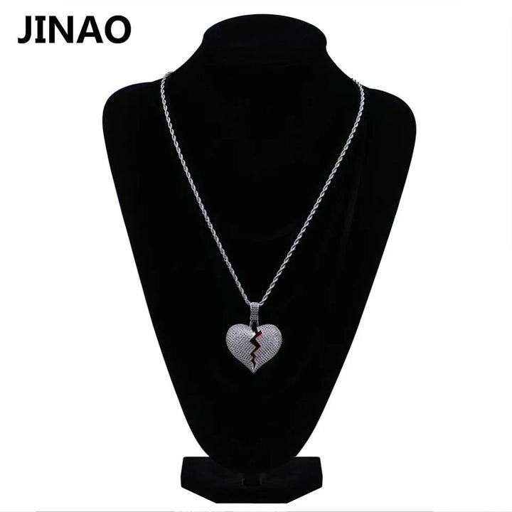 JINAO Fashion Broken Heart Iced Out Chain Pendant Necklace Statement Gold Color Cubic Zircon Necklace Hip Hop Men's Jewelry Gift