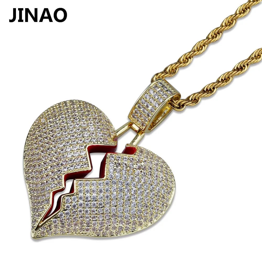 JINAO Fashion Broken Heart Iced Out Chain Pendant Necklace Statement Gold Color Cubic Zircon Necklace Hip Hop Men's Jewelry Gift