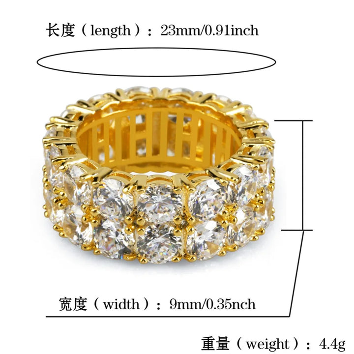 TOPGRILLZ Waterproof No Fading 2 Row CZ Solitaire Ring For Men/Women Iced Out Charm Round Rings Band Classic Hip Hop Jewelry