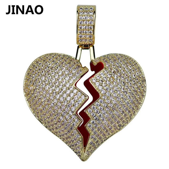 JINAO Fashion Broken Heart Iced Out Chain Pendant Necklace Statement Gold Color Cubic Zircon Necklace Hip Hop Men's Jewelry Gift