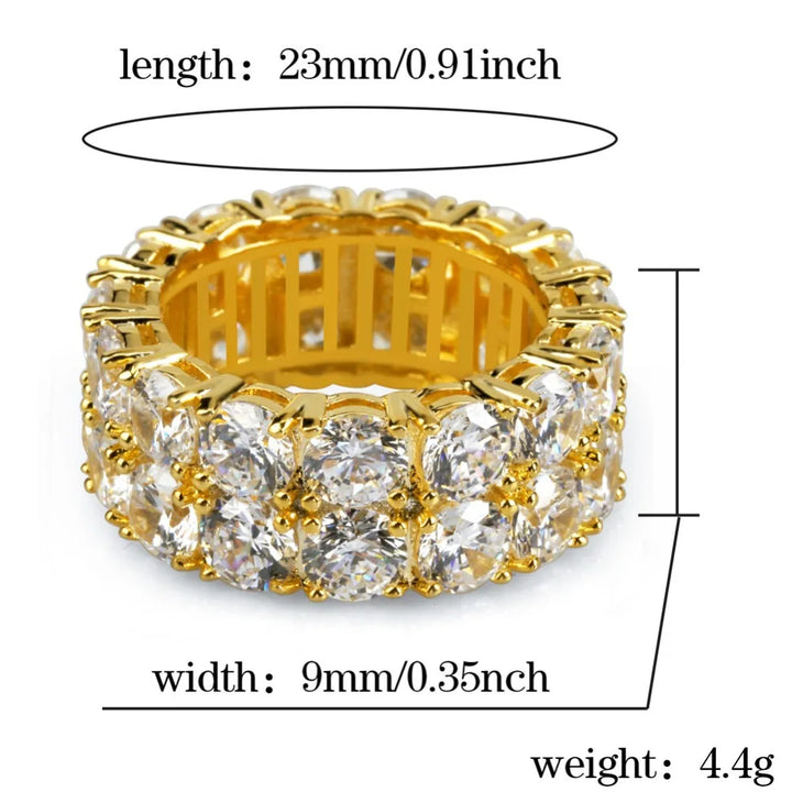 TOPGRILLZ Waterproof No Fading 2 Row CZ Solitaire Ring For Men/Women Iced Out Charm Round Rings Band Classic Hip Hop Jewelry