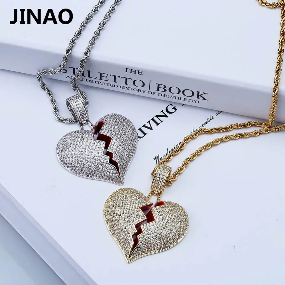 JINAO Fashion Broken Heart Iced Out Chain Pendant Necklace Statement Gold Color Cubic Zircon Necklace Hip Hop Men's Jewelry Gift