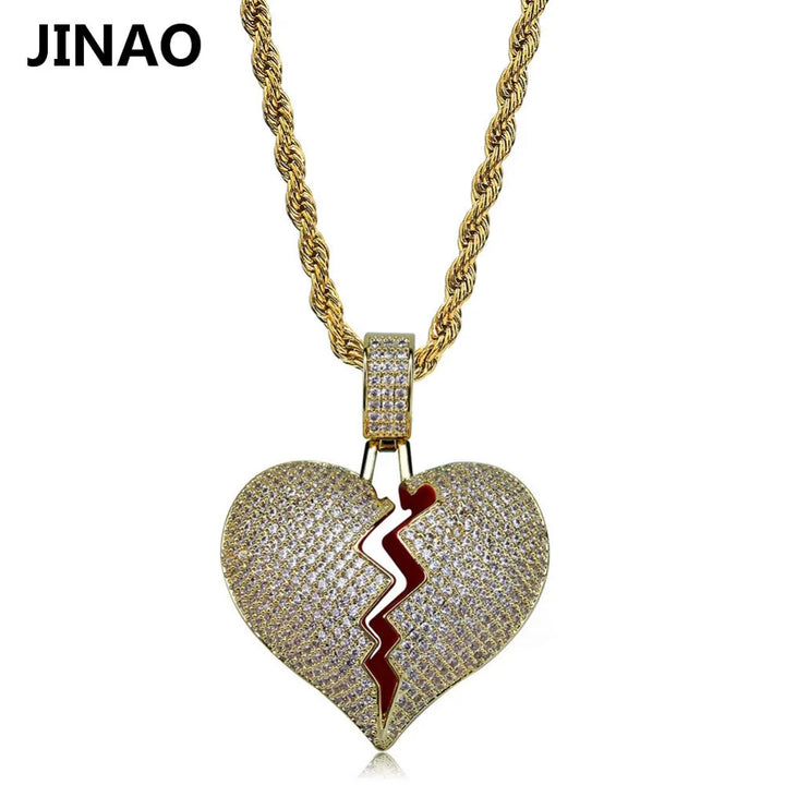 JINAO Fashion Broken Heart Iced Out Chain Pendant Necklace Statement Gold Color Cubic Zircon Necklace Hip Hop Men's Jewelry Gift