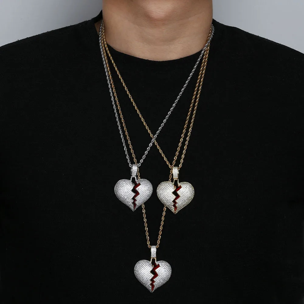 JINAO Fashion Broken Heart Iced Out Chain Pendant Necklace Statement Gold Color Cubic Zircon Necklace Hip Hop Men's Jewelry Gift