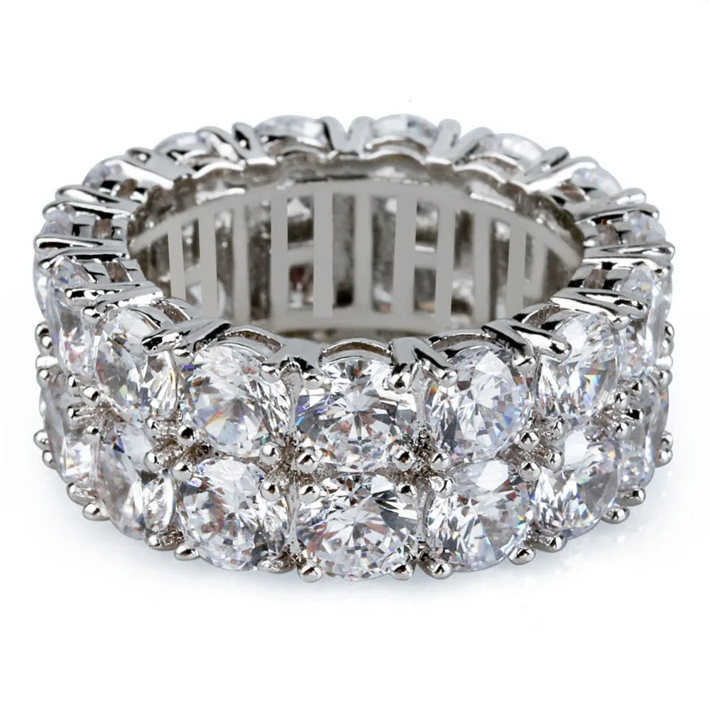 TOPGRILLZ Waterproof No Fading 2 Row CZ Solitaire Ring For Men/Women Iced Out Charm Round Rings Band Classic Hip Hop Jewelry