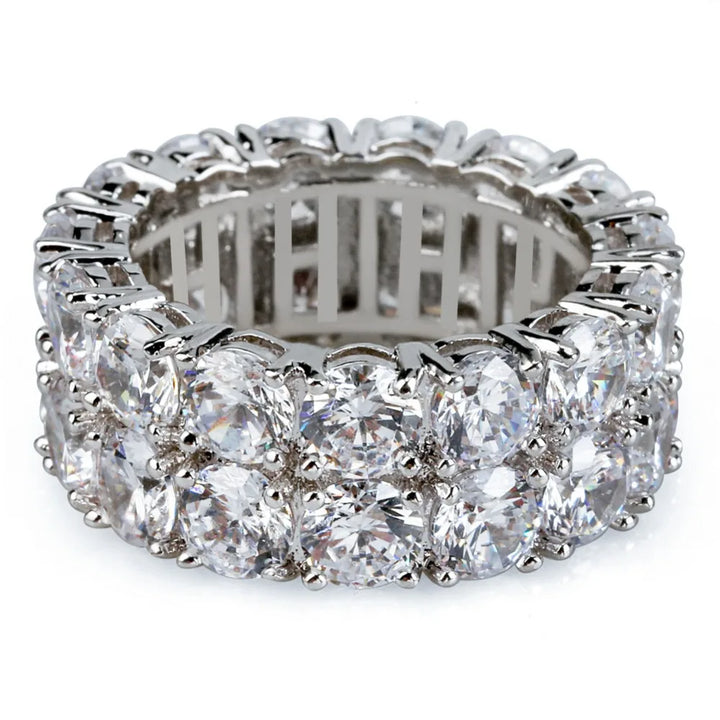 TOPGRILLZ Waterproof No Fading 2 Row CZ Solitaire Ring For Men/Women Iced Out Charm Round Rings Band Classic Hip Hop Jewelry