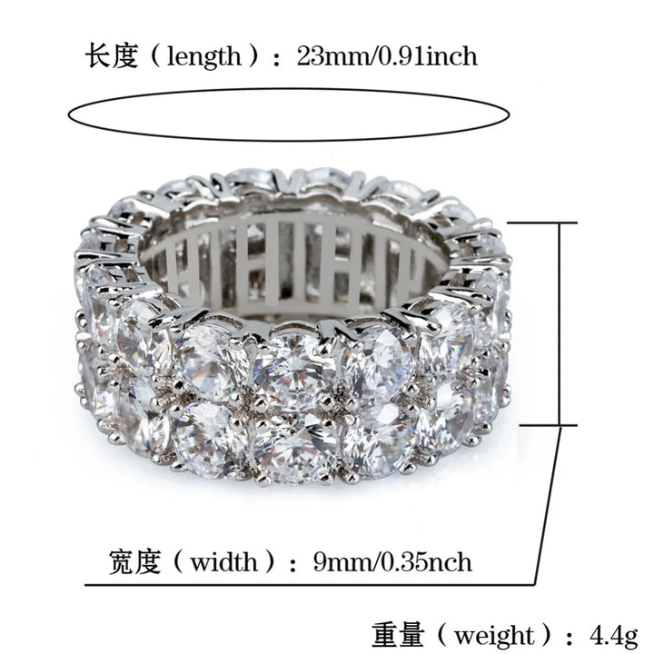 TOPGRILLZ Waterproof No Fading 2 Row CZ Solitaire Ring For Men/Women Iced Out Charm Round Rings Band Classic Hip Hop Jewelry
