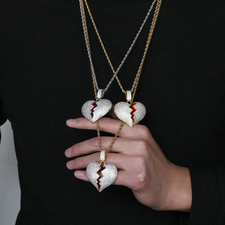 JINAO Fashion Broken Heart Iced Out Chain Pendant Necklace Statement Gold Color Cubic Zircon Necklace Hip Hop Men's Jewelry Gift