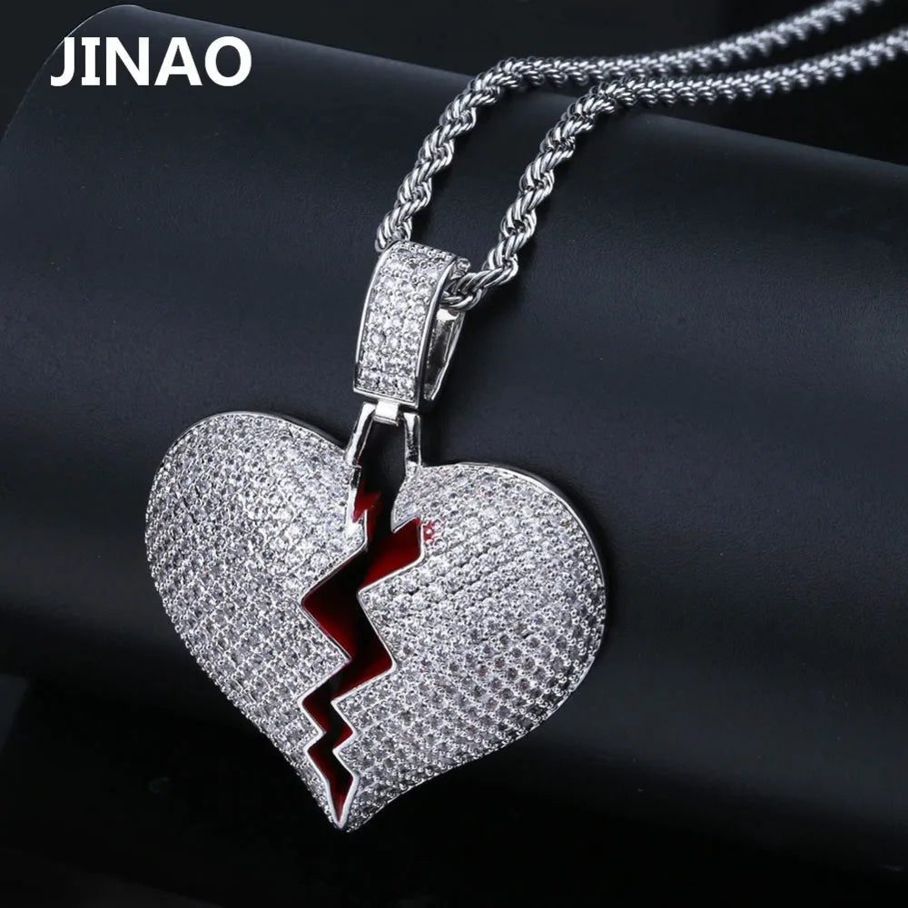 JINAO Fashion Broken Heart Iced Out Chain Pendant Necklace Statement Gold Color Cubic Zircon Necklace Hip Hop Men's Jewelry Gift