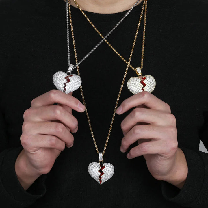 JINAO Fashion Broken Heart Iced Out Chain Pendant Necklace Statement Gold Color Cubic Zircon Necklace Hip Hop Men's Jewelry Gift