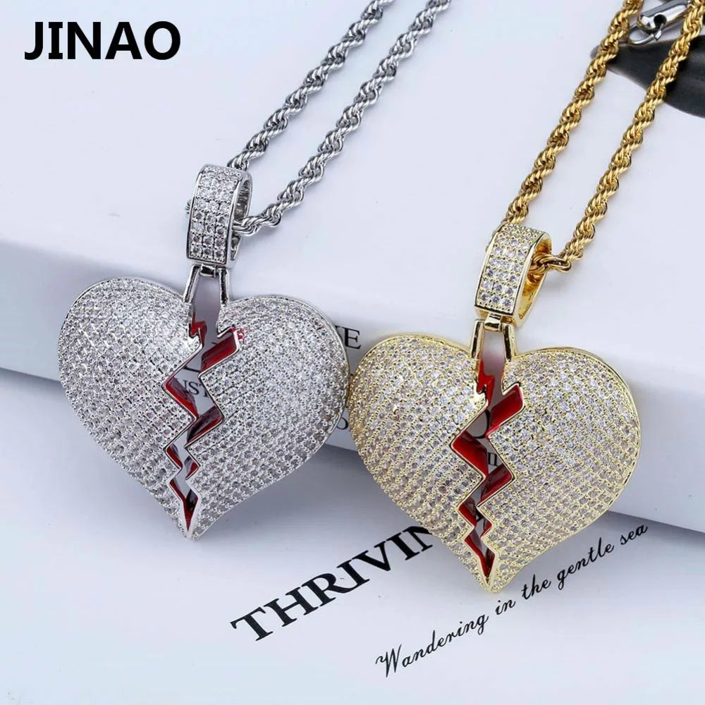 JINAO Fashion Broken Heart Iced Out Chain Pendant Necklace Statement Gold Color Cubic Zircon Necklace Hip Hop Men's Jewelry Gift