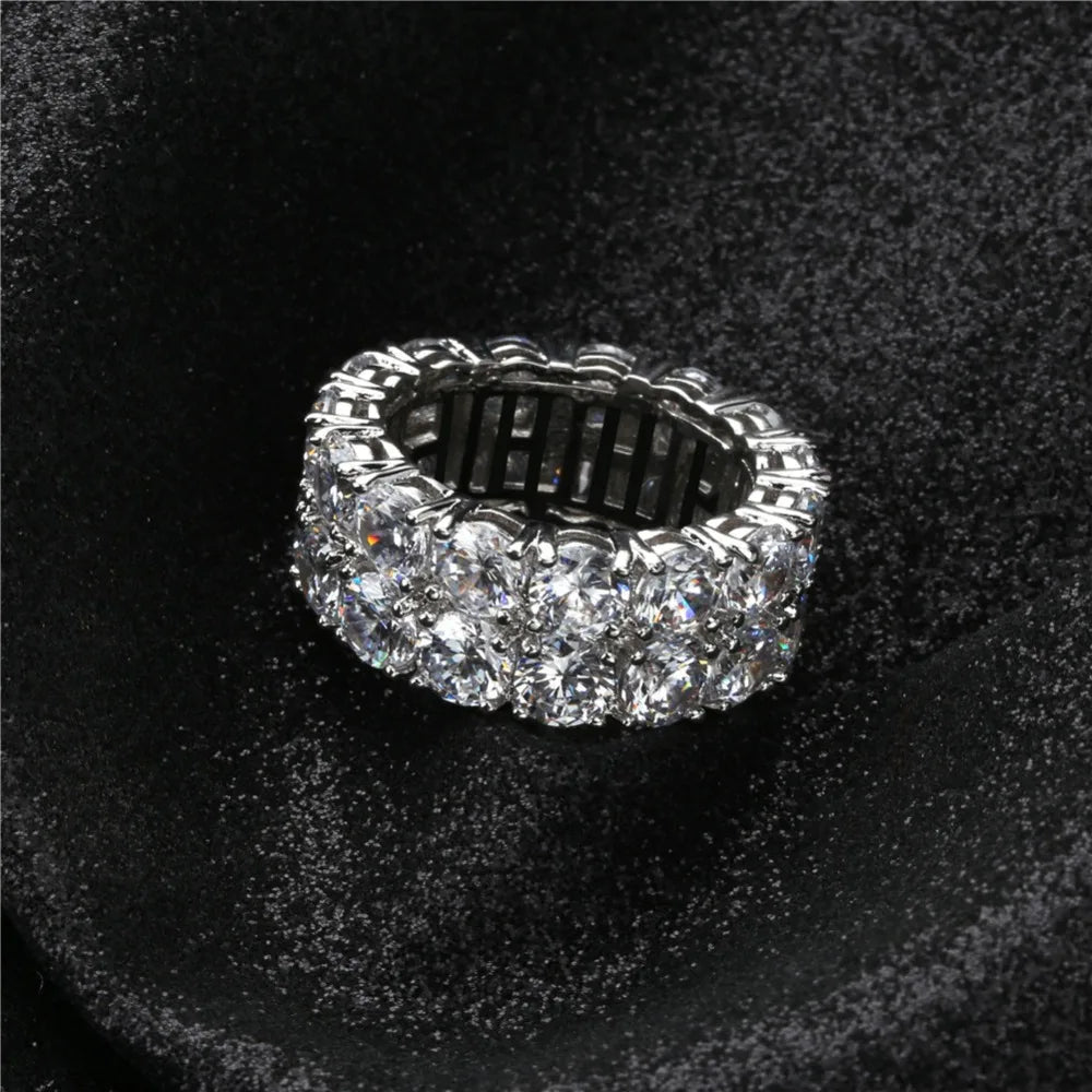 TOPGRILLZ Waterproof No Fading 2 Row CZ Solitaire Ring For Men/Women Iced Out Charm Round Rings Band Classic Hip Hop Jewelry