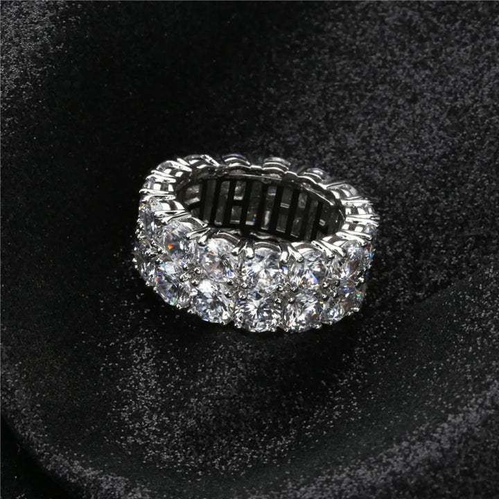 TOPGRILLZ Waterproof No Fading 2 Row CZ Solitaire Ring For Men/Women Iced Out Charm Round Rings Band Classic Hip Hop Jewelry