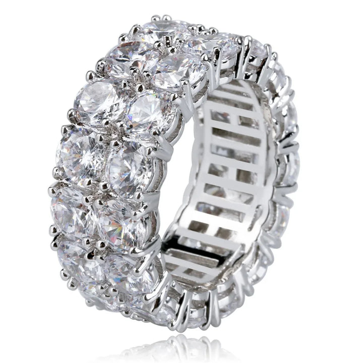 TOPGRILLZ Waterproof No Fading 2 Row CZ Solitaire Ring For Men/Women Iced Out Charm Round Rings Band Classic Hip Hop Jewelry