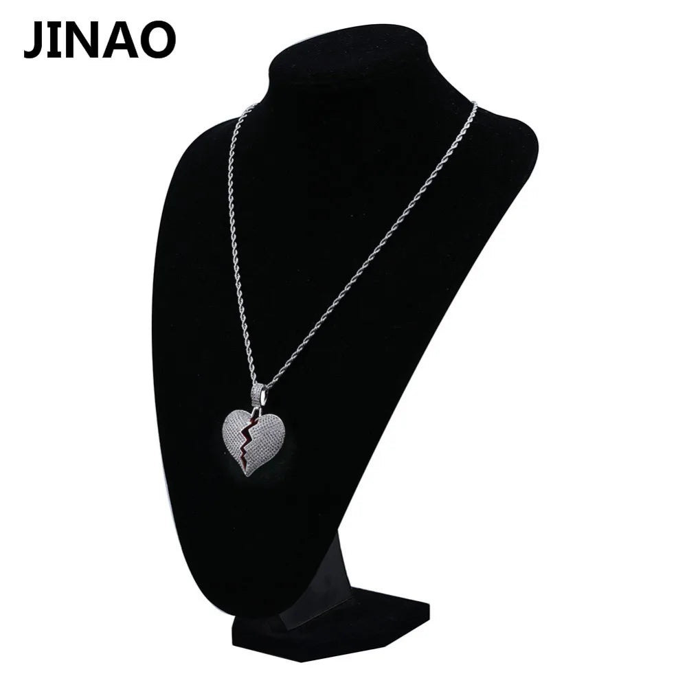 JINAO Fashion Broken Heart Iced Out Chain Pendant Necklace Statement Gold Color Cubic Zircon Necklace Hip Hop Men's Jewelry Gift