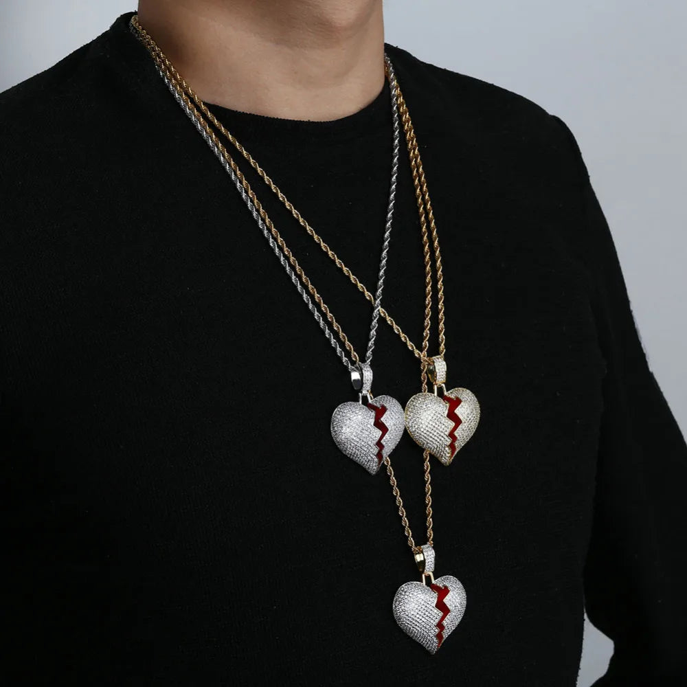 JINAO Fashion Broken Heart Iced Out Chain Pendant Necklace Statement Gold Color Cubic Zircon Necklace Hip Hop Men's Jewelry Gift