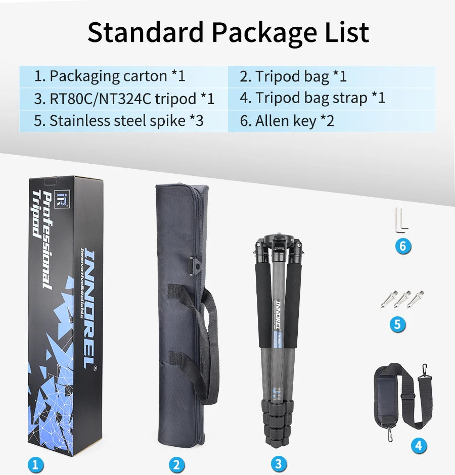 INNOREL RT80C Carbon Fiber Camera Tripod Professional Birdwatching Heavy Duty Tripod 75mm Bowl Adapter for DSLR Video Camcorder