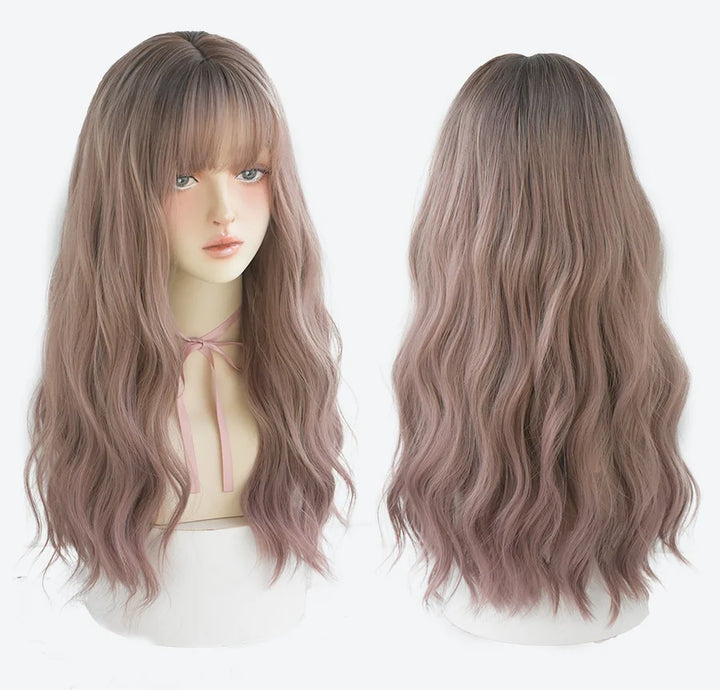 7JHHWIGS Long Wavy Synthetic Black Wigs For Women With Fringe Fashion Heat Resistant Mid-Length Daily Straight Light Brown Hair