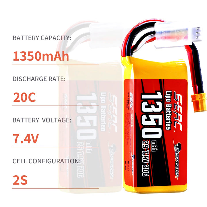 2packs Sunpadow 2S 7.4V Lipo Battery 900mAh 1350mAh 20C 25C Soft Pack with JST XT30 Plug for RC Airplane Quadcopter Helicopter