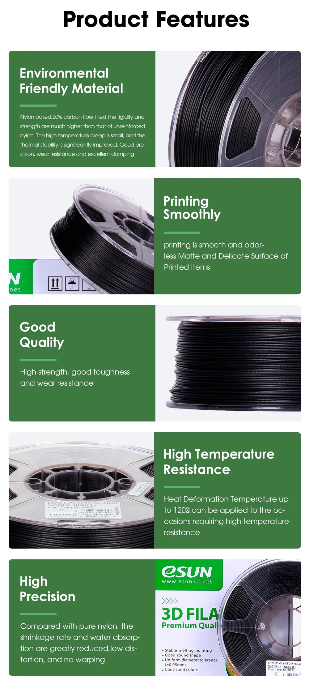 eSUN Carbon Fiber Filled Nylon Filament PA-CF 1.75mm 3D Printer Filament,1KG 2.2LBS Spool 3D Printing Filament for 3D Printers