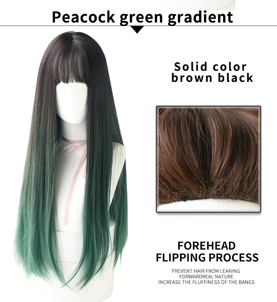 7JHHWIGS Long Wavy Synthetic Black Wigs For Women With Fringe Fashion Heat Resistant Mid-Length Daily Straight Light Brown Hair