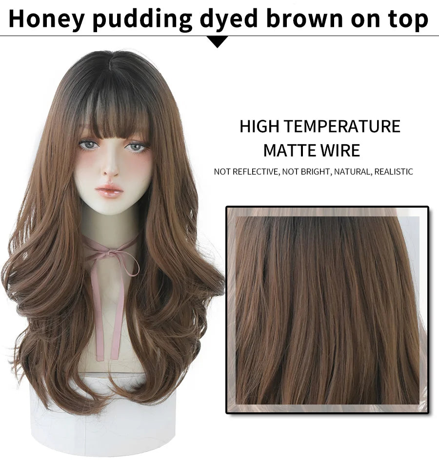 7JHHWIGS Long Wavy Synthetic Black Wigs For Women With Fringe Fashion Heat Resistant Mid-Length Daily Straight Light Brown Hair