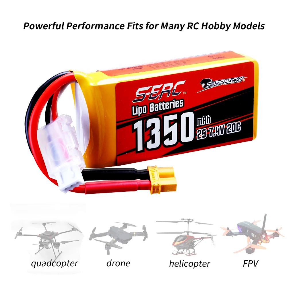 2packs Sunpadow 2S 7.4V Lipo Battery 900mAh 1350mAh 20C 25C Soft Pack with JST XT30 Plug for RC Airplane Quadcopter Helicopter