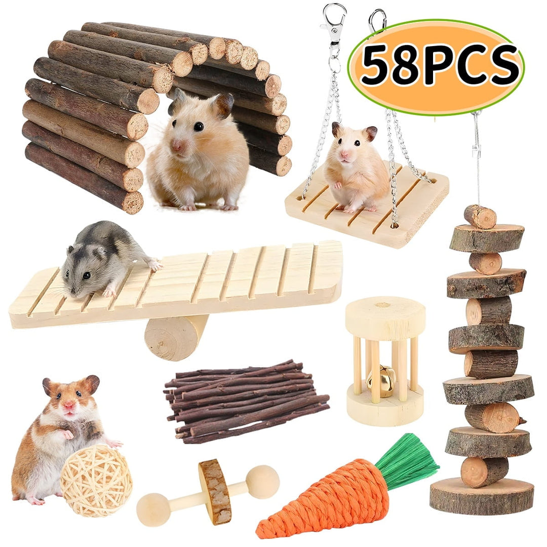 Hamster Chew Toys Rabbit Toys  Guinea Pig Chew Toys Set ,Hamster Molar Toys Teeth Toy ,Swing Seesaw Bridge for Chinchillas Bunnies (wood 58pcs)