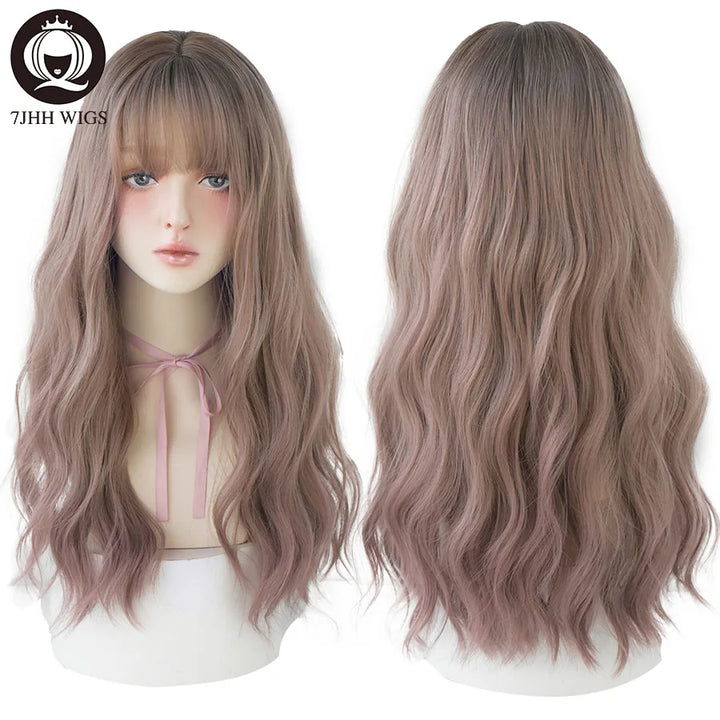 7JHHWIGS Long Wavy Synthetic Black Wigs For Women With Fringe Fashion Heat Resistant Mid-Length Daily Straight Light Brown Hair