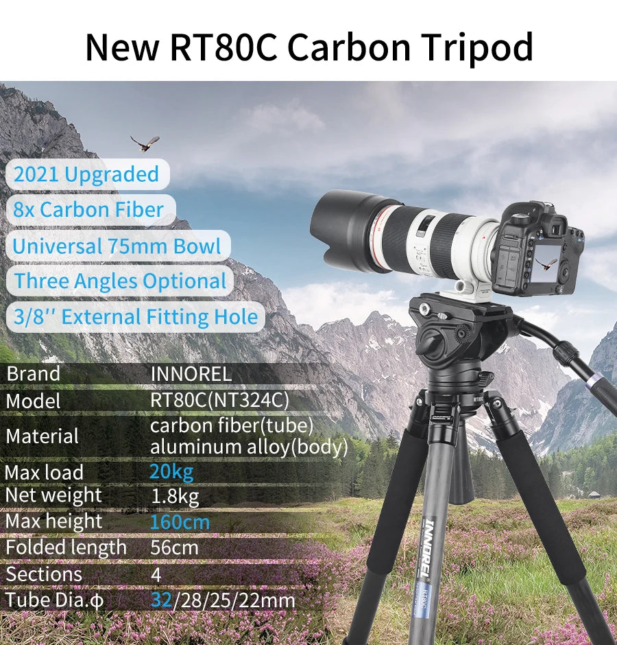 INNOREL RT80C Carbon Fiber Camera Tripod Professional Birdwatching Heavy Duty Tripod 75mm Bowl Adapter for DSLR Video Camcorder
