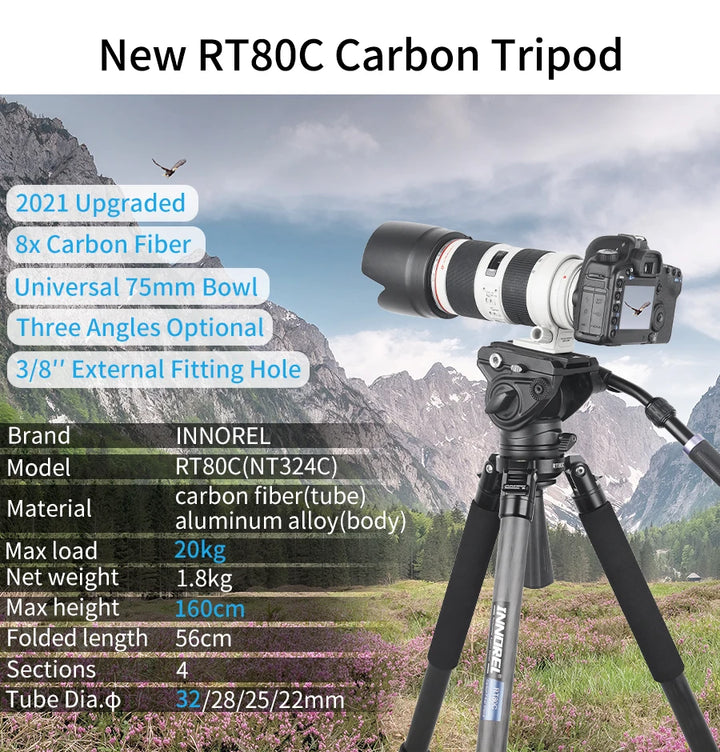 INNOREL RT80C Carbon Fiber Camera Tripod Professional Birdwatching Heavy Duty Tripod 75mm Bowl Adapter for DSLR Video Camcorder