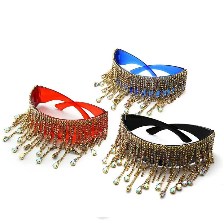 Fashion Luxury Full Diamond Tassel Sunglasses Men Colorful Glasses Crystal Design Steampunk Windproof Sun Glasses Women