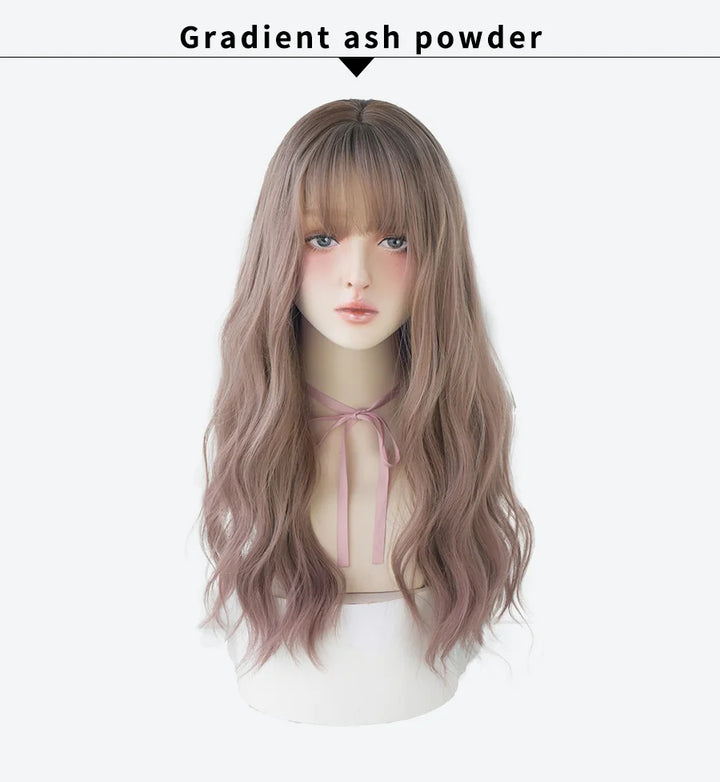 7JHHWIGS Long Wavy Synthetic Black Wigs For Women With Fringe Fashion Heat Resistant Mid-Length Daily Straight Light Brown Hair