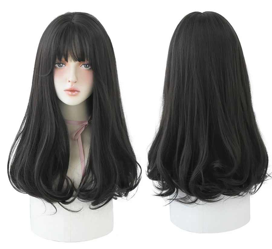 7JHHWIGS Long Wavy Synthetic Black Wigs For Women With Fringe Fashion Heat Resistant Mid-Length Daily Straight Light Brown Hair