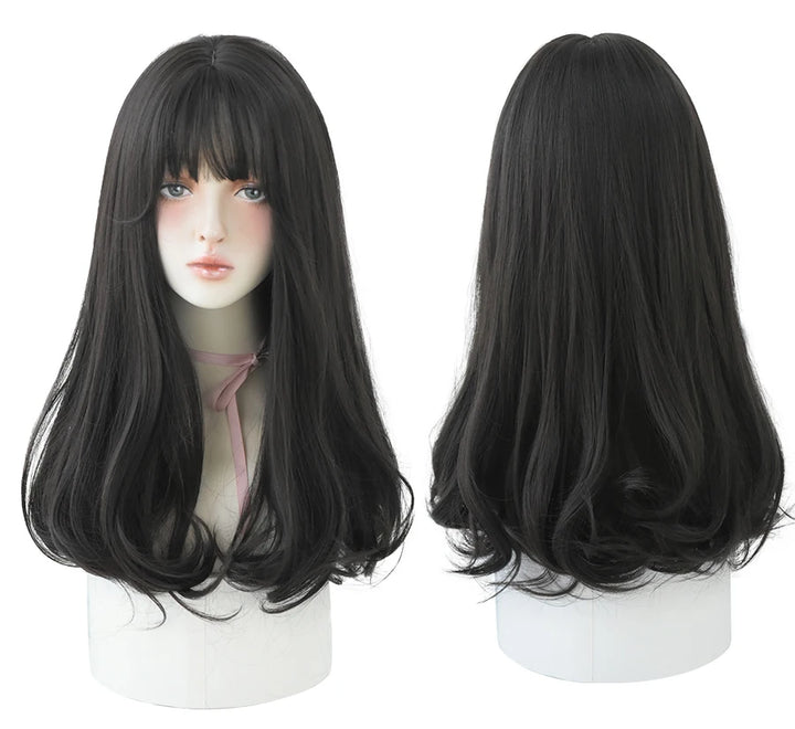7JHHWIGS Long Wavy Synthetic Black Wigs For Women With Fringe Fashion Heat Resistant Mid-Length Daily Straight Light Brown Hair