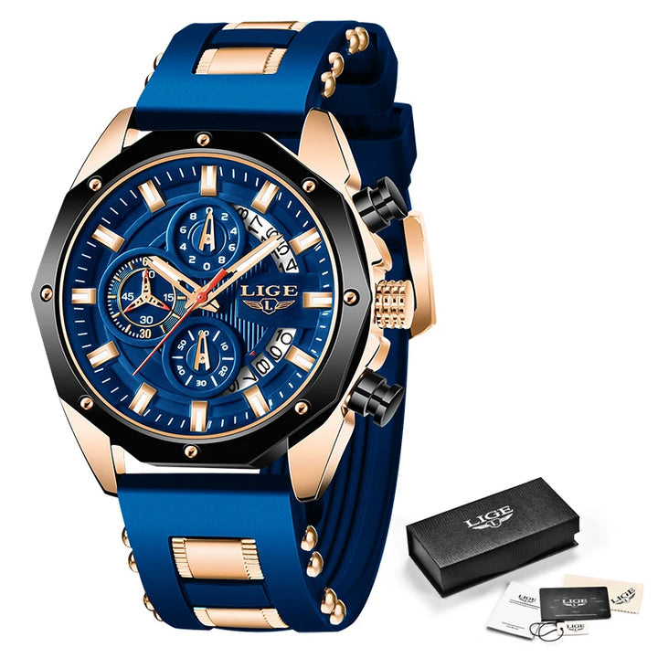 LIGE Brand Watch Men Silcone Sports Watches Men's Army Military Quartz Wristwatch Chronograph Male Clock Relogio Masculino+BOX