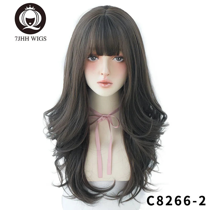 7JHHWIGS Long Wavy Synthetic Black Wigs For Women With Fringe Fashion Heat Resistant Mid-Length Daily Straight Light Brown Hair