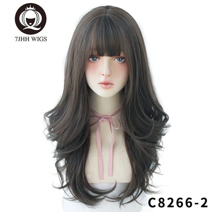 7JHHWIGS Long Wavy Synthetic Black Wigs For Women With Fringe Fashion Heat Resistant Mid-Length Daily Straight Light Brown Hair